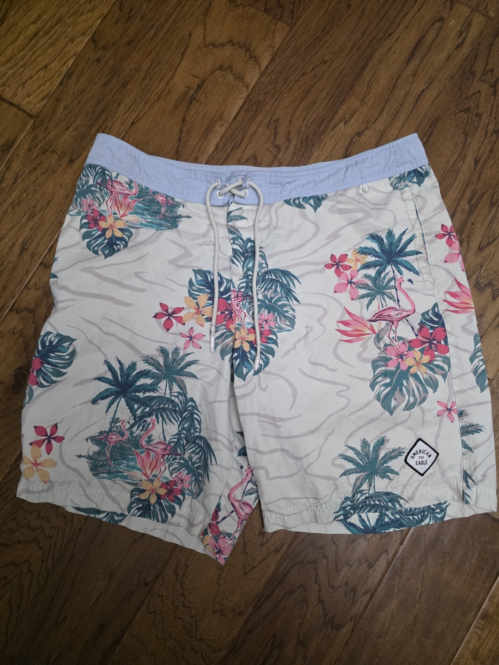 American Eagle Outfitters Light Blue Tropical Print Board Shorts Flamingo